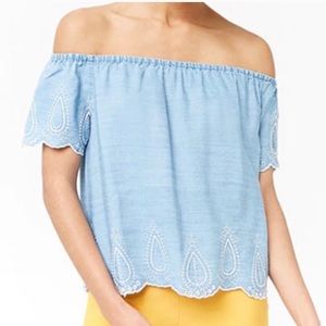 Forever 21 Embroidered Chambray‎ Scalloped Hem Off Shoulder Top Size Medium